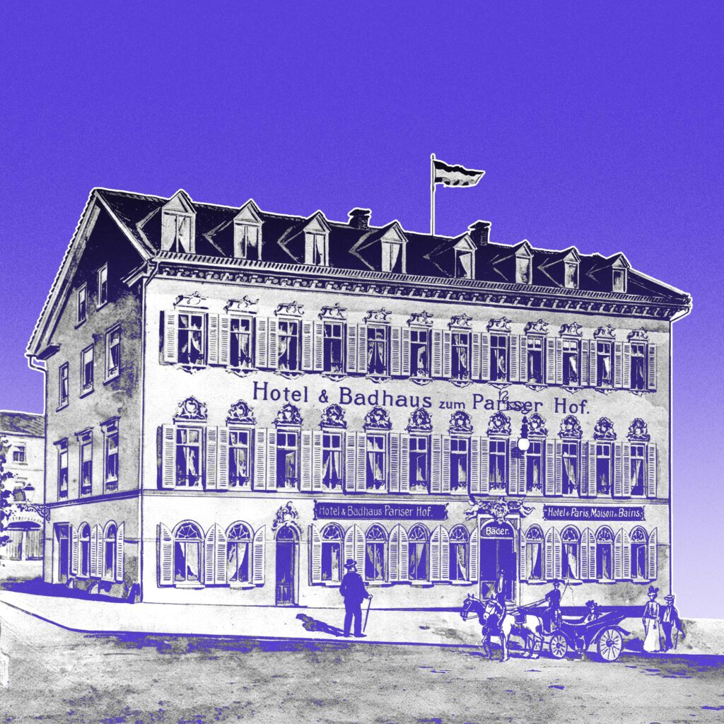 Historische SW-Illustrationdes Hotels & Badhauses zum Pariser Hof, heute Aktives Museum Spiegelgasse, freigestellt auf Lila